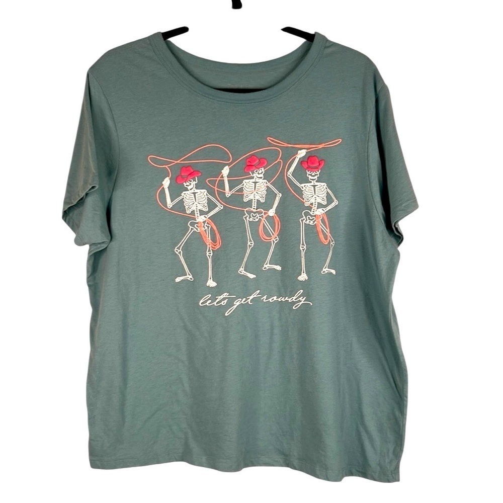 Zoe & Liv Green Skeleton Rodeo Cowgirl Print Short Sleeve T-Shirt Size XXL